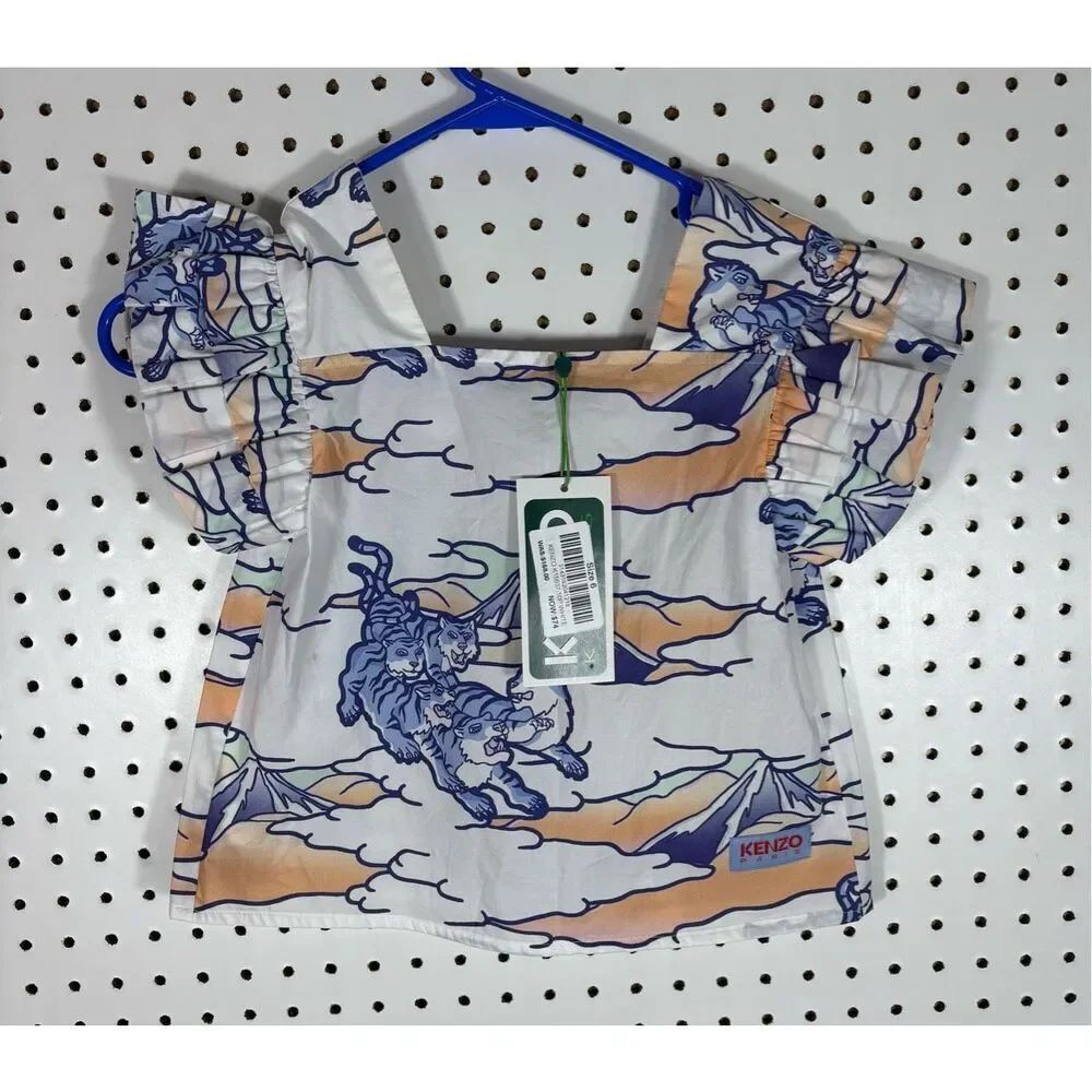 Kenzo Girls Graphic Print Square-Neck Cotton Poplin Blouse size 6